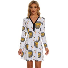 Lion Heads Pattern Design Doodle Long Sleeve Deep V Mini Dress  by Mog4mog4