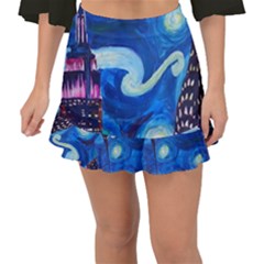 Starry Night In New York Van Gogh Manhattan Chrysler Building And Empire State Building Fishtail Mini Chiffon Skirt by Mog4mog4