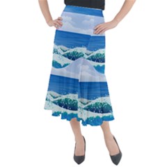 Illustration Landscape Sea Ocean Waves Beach Blue Midi Mermaid Skirt by Mog4mog4