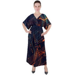 Abstract Colorful Circuit V-neck Boho Style Maxi Dress by Bakwanart