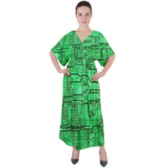 Green Circuit Board Computer V-neck Boho Style Maxi Dress by Bakwanart