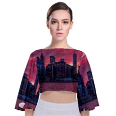 Skyline Sunset United States Reflection Usa,new York Manhattan Tie Back Butterfly Sleeve Chiffon Top by Bakwanart