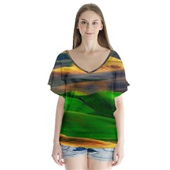 Grassland Nature Palouse Green Field Hill Sky Butte V-neck Flutter Sleeve Top by Bakwanart