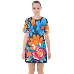 Flowers Bloom Spring Colorful Artwork Decoration Sixties Short Sleeve Mini Dress by 99art