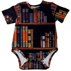 Assorted Title Of Books Piled In The Shelves Assorted Book Lot Inside The Wooden Shelf Baby Short Sleeve Bodysuit by 99art