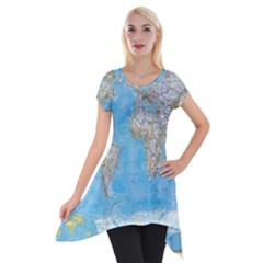 Blue White And Green World Map National Geographic Short Sleeve Side Drop Tunic by B30l