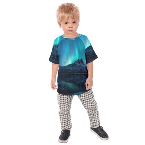 Aurora Borealis Mountain Reflection Kids  Raglan Tee by B30l