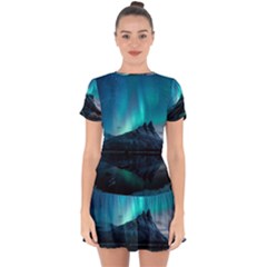 Aurora Borealis Mountain Reflection Drop Hem Mini Chiffon Dress by B30l