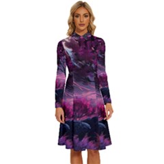 Landscape Landscape Painting Purple Purple Trees Long Sleeve Shirt Collar A-line Dress