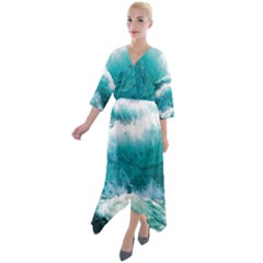 Ai Generated Waves Ocean Sea Tsunami Nautical Blue Sea Quarter Sleeve Wrap Front Maxi Dress by Cowasu