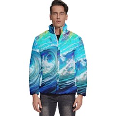 Tsunami Waves Ocean Sea Nautical Nature Water Painting Men s Puffer Bubble Jacket Coat by Cowasu