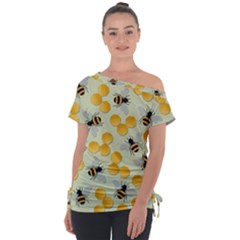 Honey Bee Bees Pattern Off Shoulder Tie-up Tee