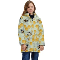 Honey Bee Bees Pattern Kids  Hooded Longline Puffer Jacket by Ndabl3x