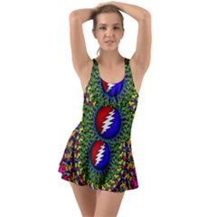 Grateful Dead Pattern Ruffle Top Dress Swimsuit by Wav3s