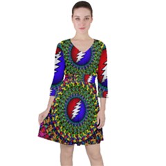 Grateful Dead Pattern Quarter Sleeve Ruffle Waist Dress by Wav3s