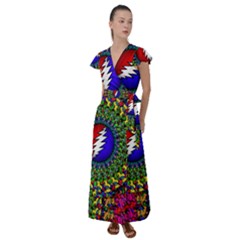 Grateful Dead Pattern Flutter Sleeve Maxi Dress by Wav3s