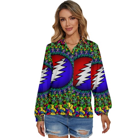 Grateful Dead Pattern Women s Long Sleeve Button Up Shirt by Wav3s