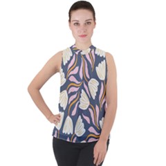 Flowers Pattern Floral Pattern Mock Neck Chiffon Sleeveless Top