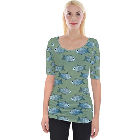 Fishes Pattern Background Theme Wide Neckline Tee by Vaneshop