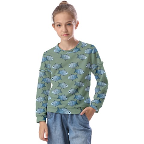 Fishes Pattern Background Theme Kids  Long Sleeve Tee With Frill  by Vaneshop