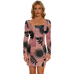 Abstract Pattern Floral Wall Art Long Sleeve Square Neck Bodycon Velvet Dress