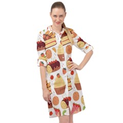 Seamless Pattern Hand Drawing Cartoon Dessert And Cake Long Sleeve Mini Shirt Dress by Wav3s