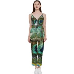 Peacock Feathers Blue Green Texture V-neck Spaghetti Strap Tie Front Jumpsuit by Wav3s