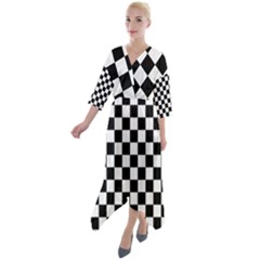 Black White Checker Pattern Checkerboard Quarter Sleeve Wrap Front Maxi Dress by Cowasu