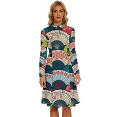 Japanese Fans Bright Pattern Long Sleeve Shirt Collar A-line Dress