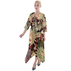 Japanese Flower Art Quarter Sleeve Wrap Front Maxi Dress by Cowasu