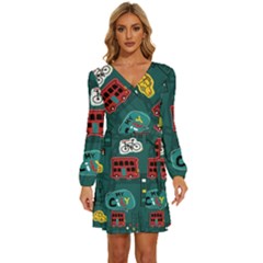 Seamless Pattern With Vehicles Building Road Long Sleeve Waist Tie Ruffle Velvet Dress by Cowasu