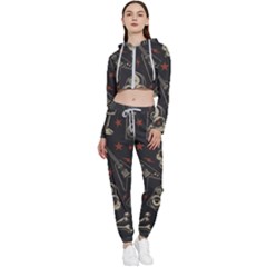 Grunge Seamless Pattern With Skulls Cropped Zip Up Lounge Set