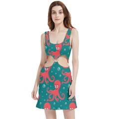 Cute-smiling-red-octopus-swimming-underwater Velour Cutout Dress