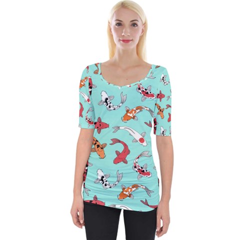 Pattern-with-koi-fishes Wide Neckline Tee by uniart180623