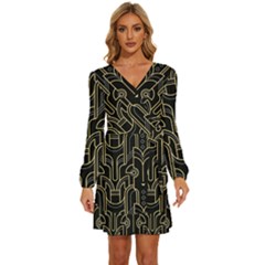 Art-deco-geometric-abstract-pattern-vector Long Sleeve Waist Tie Ruffle Velvet Dress