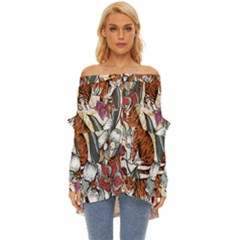 Natural-seamless-pattern-with-tiger-blooming-orchid Off Shoulder Chiffon Pocket Shirt