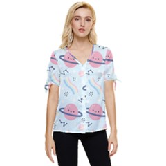 Cute-planet-space-seamless-pattern-background Bow Sleeve Button Up Top