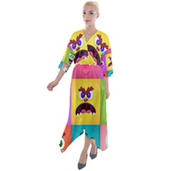 Monsters-emotions-scary-faces-masks-with-mouth-eyes-aliens-monsters-emoticon-set Quarter Sleeve Wrap Front Maxi Dress by uniart180623