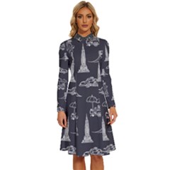 New York City Nyc Pattern Long Sleeve Shirt Collar A-line Dress