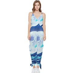 Waves Ocean Sea Tsunami Nautical Blue Sleeveless Tie Ankle Chiffon Jumpsuit by uniart180623