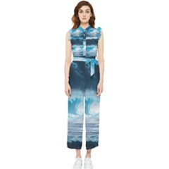 Thunderstorm Storm Tsunami Waves Ocean Sea Women s Frill Top Chiffon Jumpsuit by uniart180623