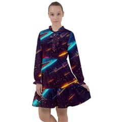 Night Sky Neon Spaceship Drawing All Frills Chiffon Dress by Ravend