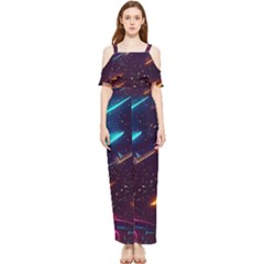 Night Sky Neon Spaceship Drawing Draped Sleeveless Chiffon Jumpsuit by Ravend