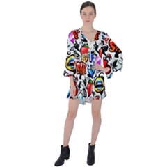 Graffiti Art Cartoon Comic V-neck Flare Sleeve Mini Dress by uniart180623