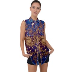 Fractal Spiral Art Pattern Blue Design Sleeveless Chiffon Button Shirt