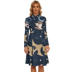 Space Theme Art Pattern Design Wallpaper Long Sleeve Shirt Collar A-line Dress