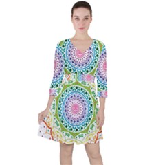 Mandala Pattern Rainbow Pride Quarter Sleeve Ruffle Waist Dress by Simbadda