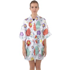 Easter Seamless Pattern With Cute Eggs Flowers Half Sleeve Satin Kimono  by Simbadda