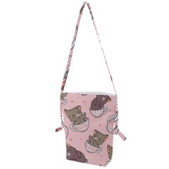 Seamless Pattern Adorable Cat Inside Cup Folding Shoulder Bag