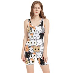 Cute Cat Kitten Cartoon Doodle Seamless Pattern Women s Wrestling Singlet by Simbadda